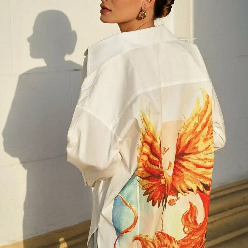 Phoenix-Embroidered Oversized White Cotton Shirt Elevate Your Office Style
