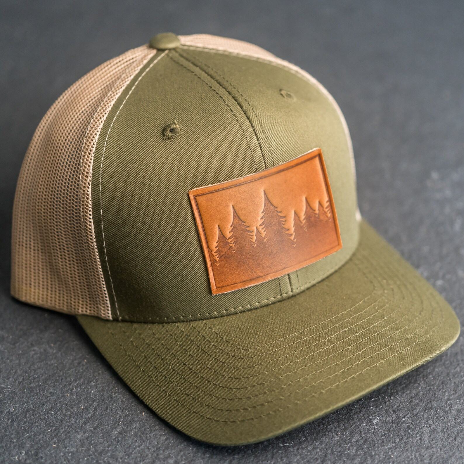 Pine Tree Ridgeline Trucker Hat Leather Patch, Hiking Apparel, Unisex Item