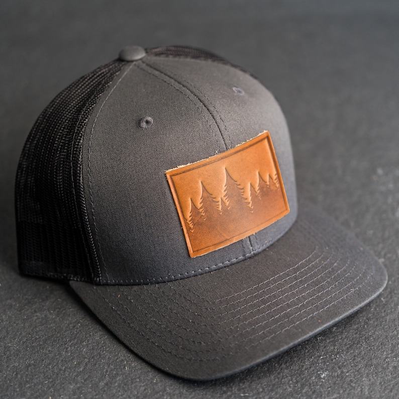 Pine Tree Ridgeline Trucker Hat Leather Patch, Hiking Apparel, Unisex Item