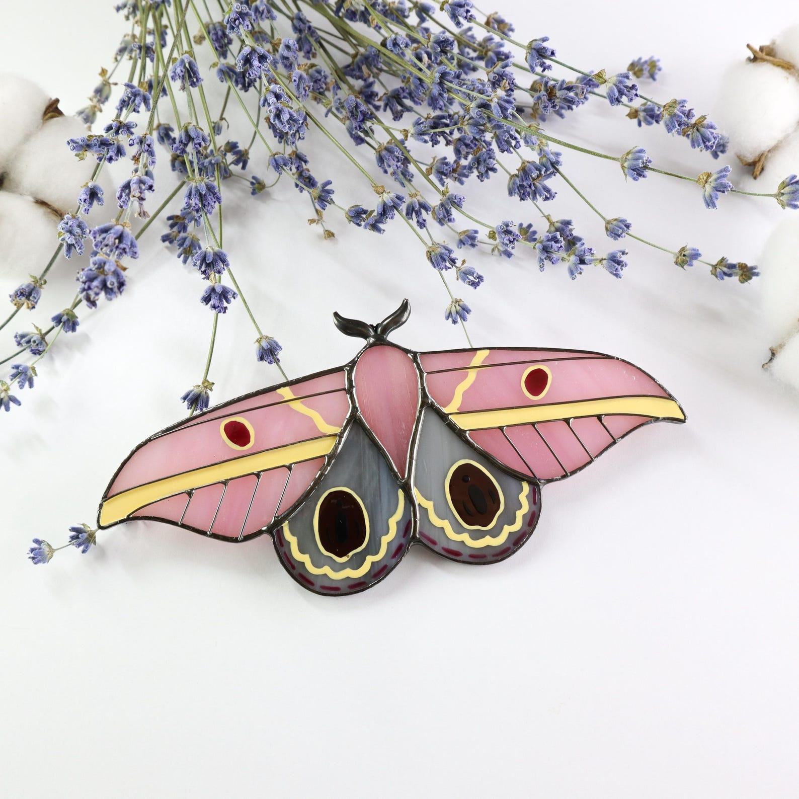 Pink Moth Suncatcher – Stained Glass Butterfly Window Hanging – Unique Handmade Present for Mom – Modern Home Decor