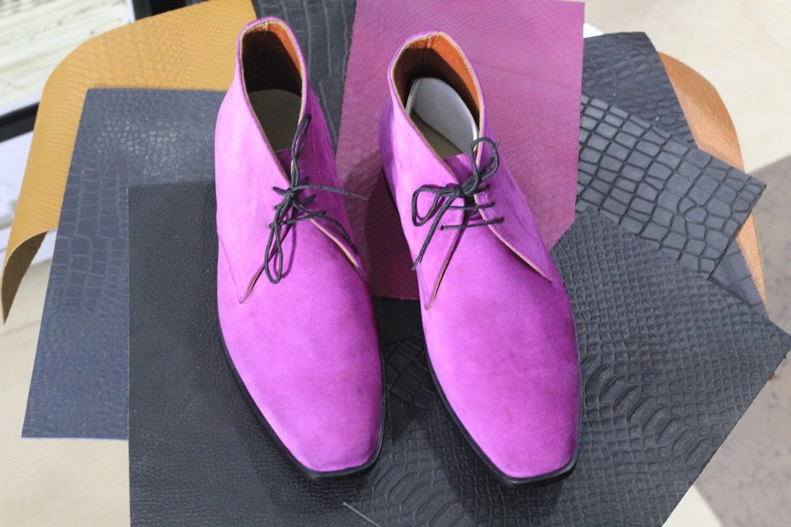 Pink Suede Lace-Up Boots for Men Stylish Designer Ankle Boots - Image 3