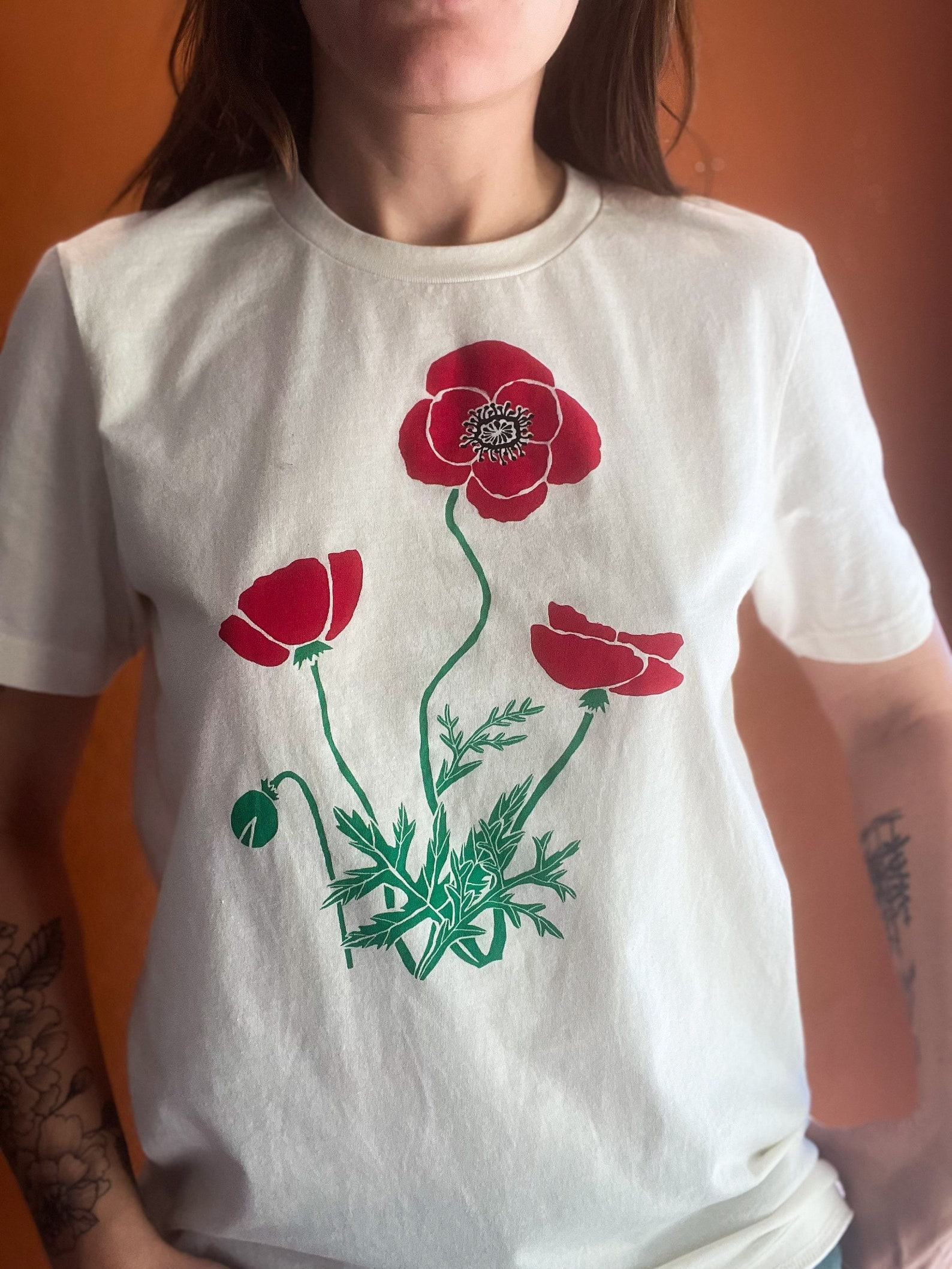 Poppy Flower T-Shirt Handcrafted Wildflower Art, Screen Printed for Nature Lovers - Image 2