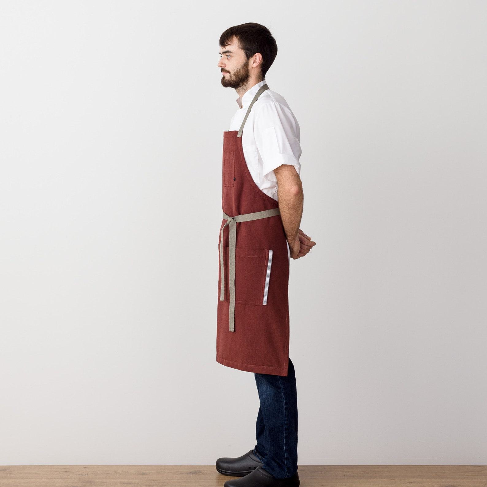 Premium Chef Apron Maroon with Tan Straps, Handcrafted 95% Cotton for Kitchen and Restaurant Professionals