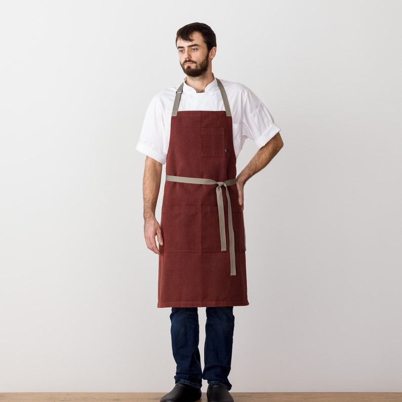 Premium Chef Apron Maroon with Tan Straps, Handcrafted 95% Cotton for Kitchen and Restaurant Professionals