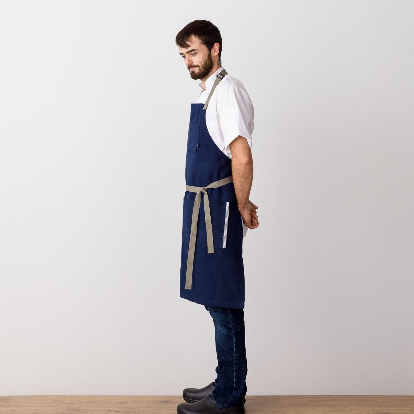 Premium Chef Apron Navy Blue Canvas with Tan Straps, Handcrafted for Kitchen and Restaurant Professionals