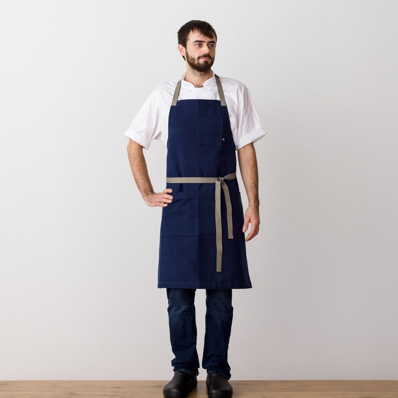 Premium Chef Apron Navy Blue Canvas with Tan Straps, Handcrafted for Kitchen and Restaurant Professionals