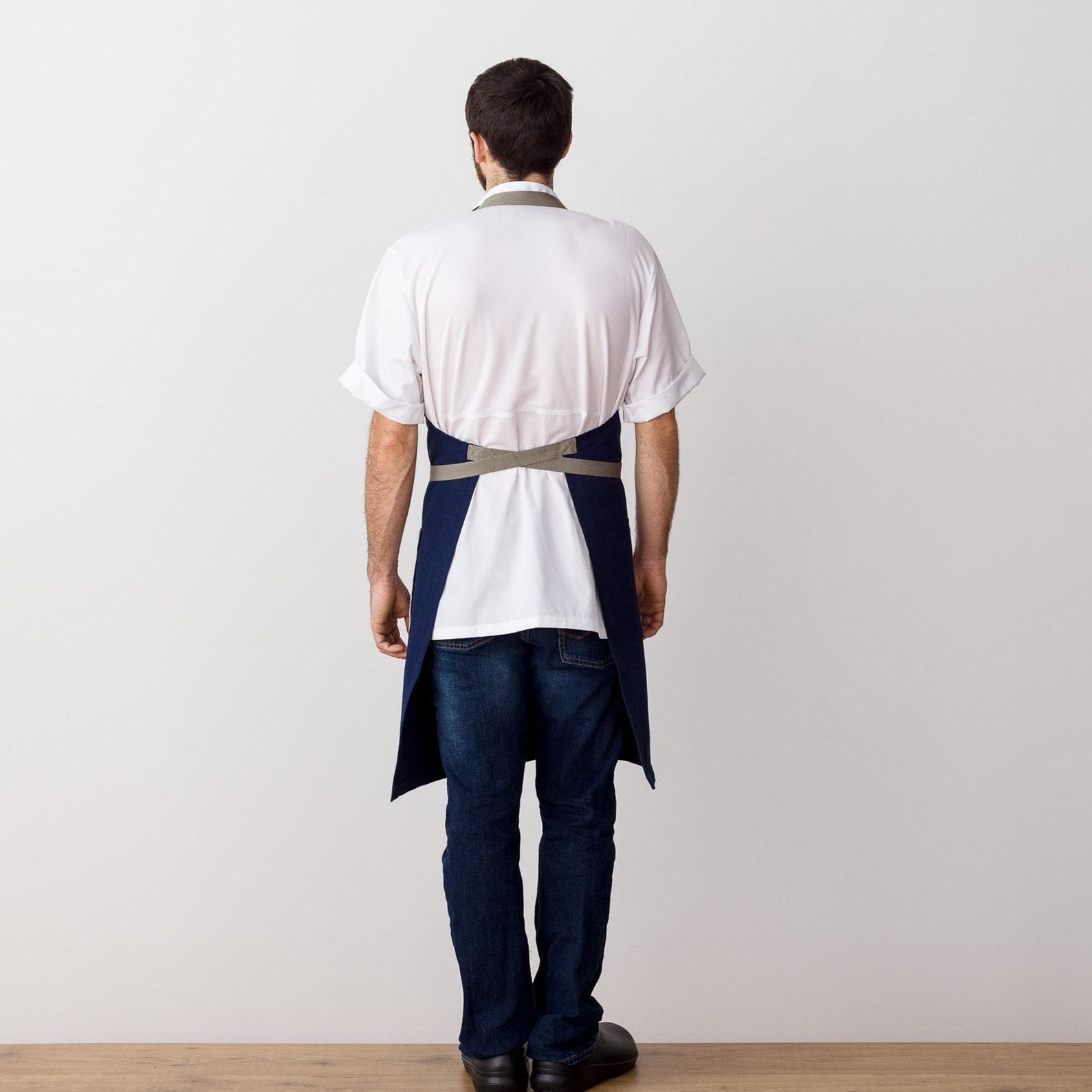 Premium Chef Apron Navy Blue Canvas with Tan Straps, Handcrafted for Kitchen and Restaurant Professionals