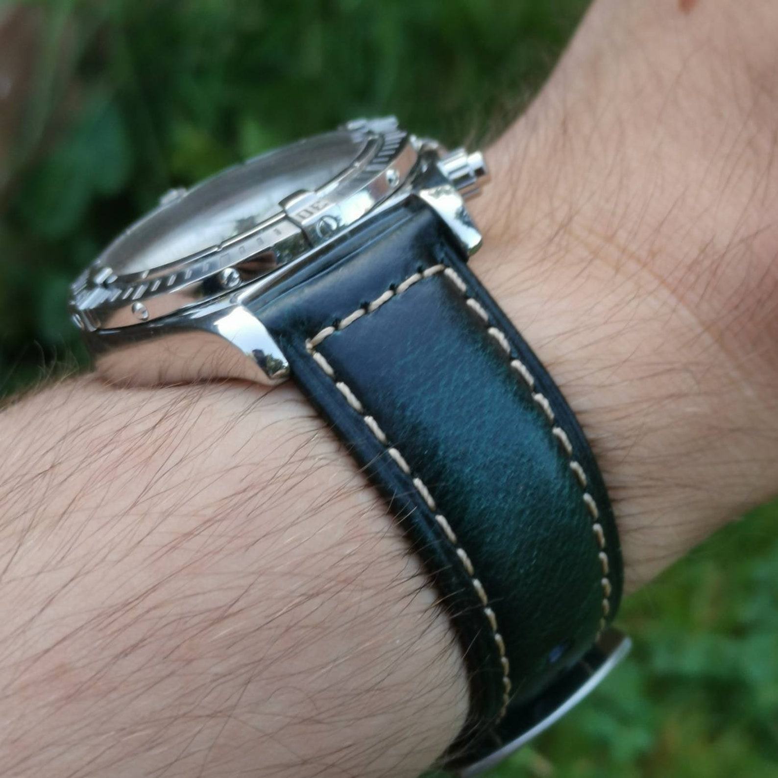 Premium Handmade Padded Leather Watch Strap with Contrast Stitching and Quick Release