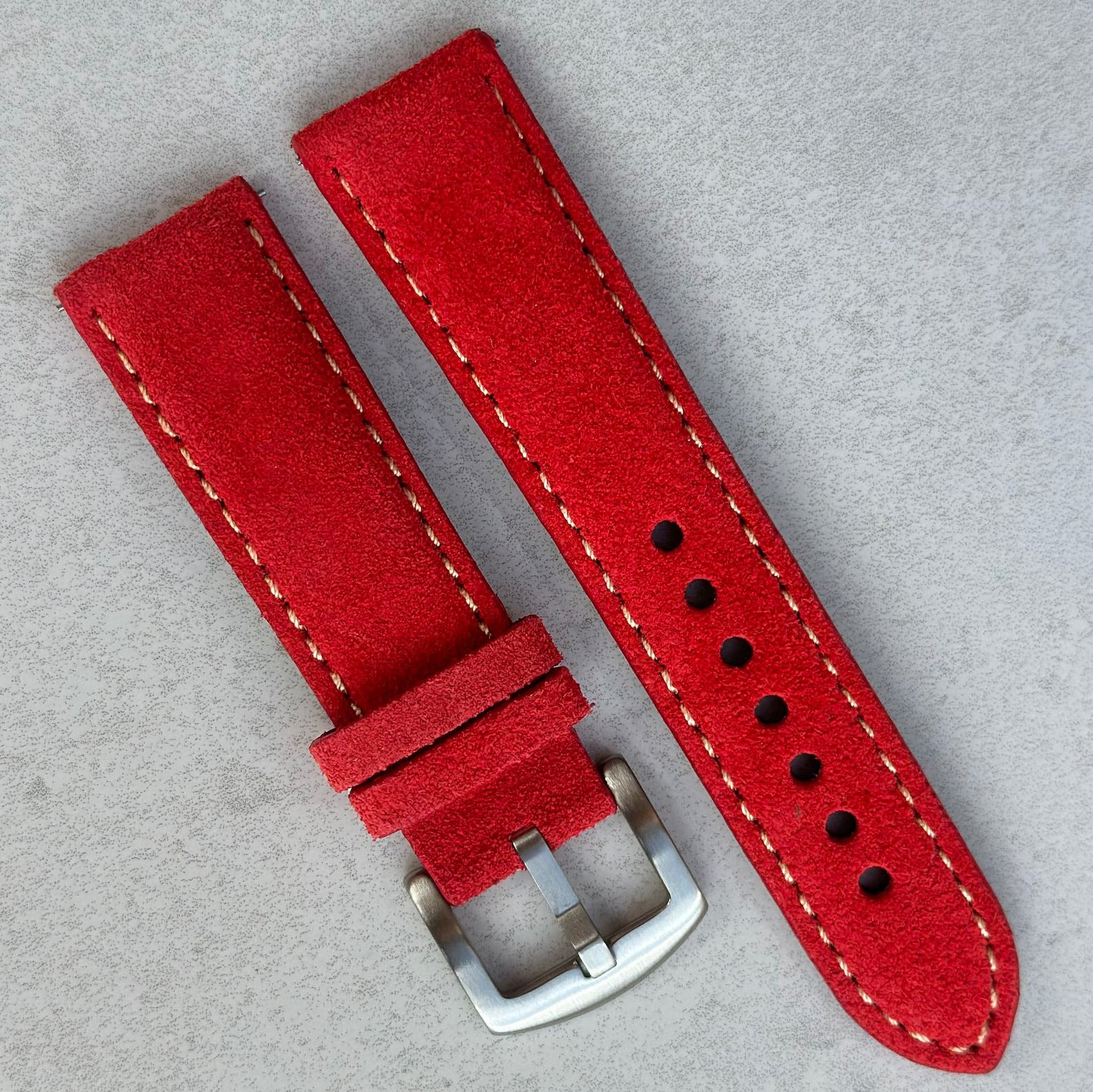Premium Handmade Suede Watch Strap Ruby Red Padded Band with Quick Release