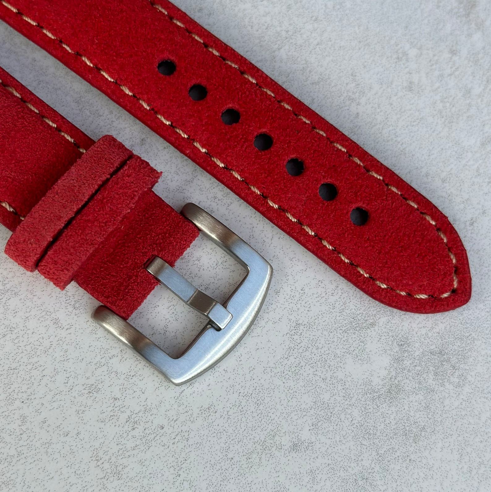 Premium Handmade Suede Watch Strap Ruby Red Padded Band with Quick Release