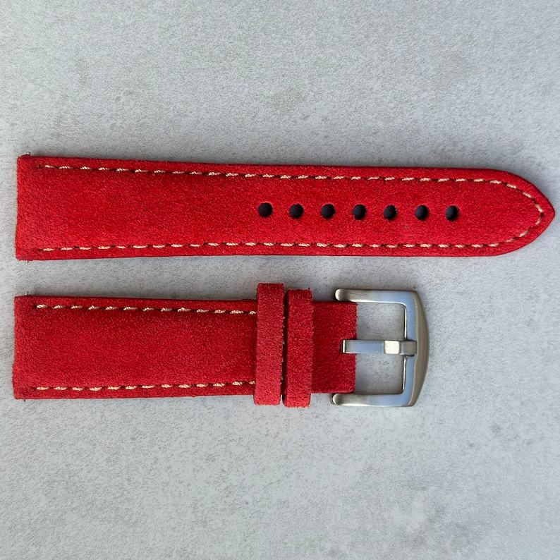 Premium Handmade Suede Watch Strap Ruby Red Padded Band with Quick Release