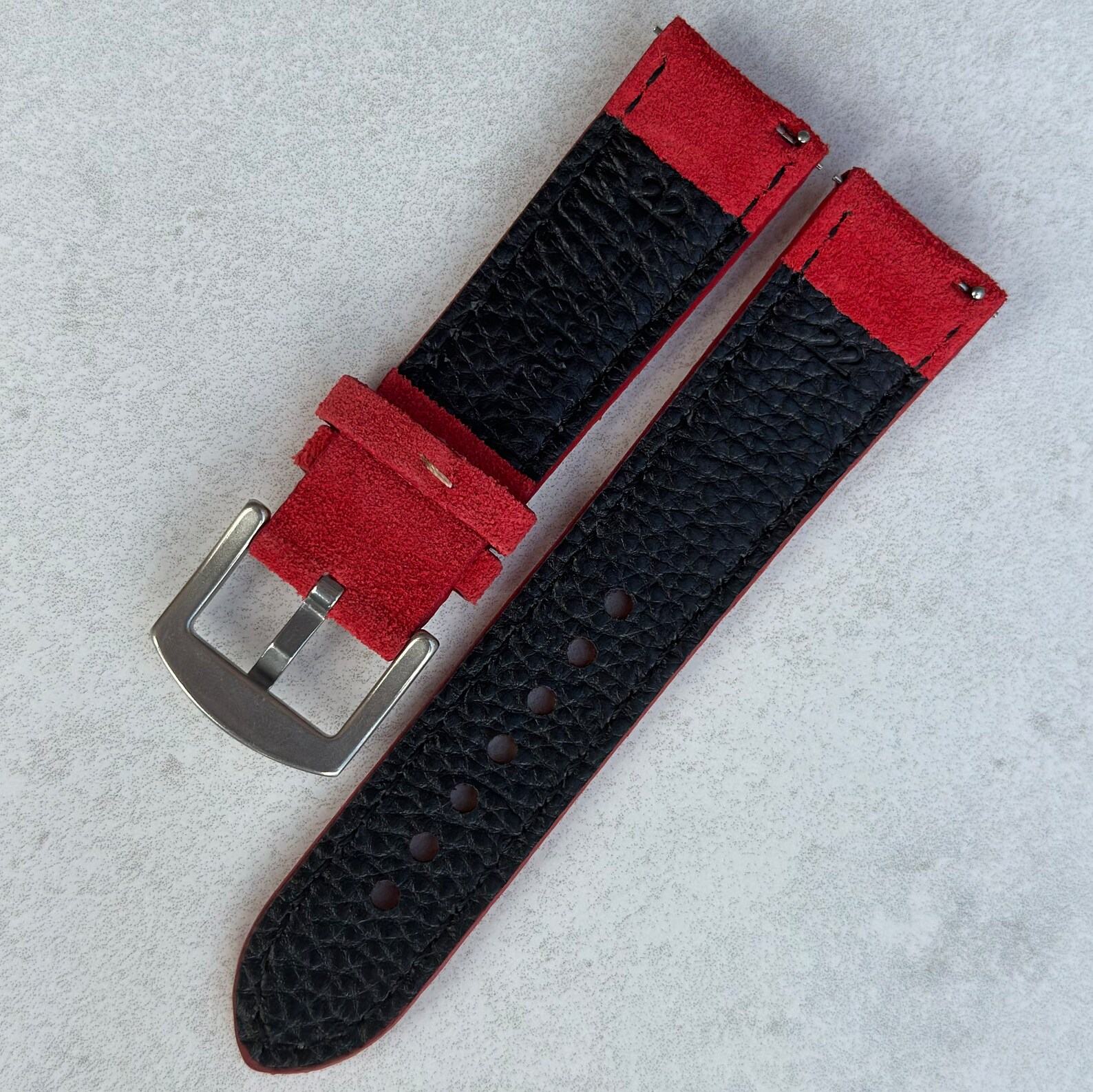 Premium Handmade Suede Watch Strap Ruby Red Padded Band with Quick Release