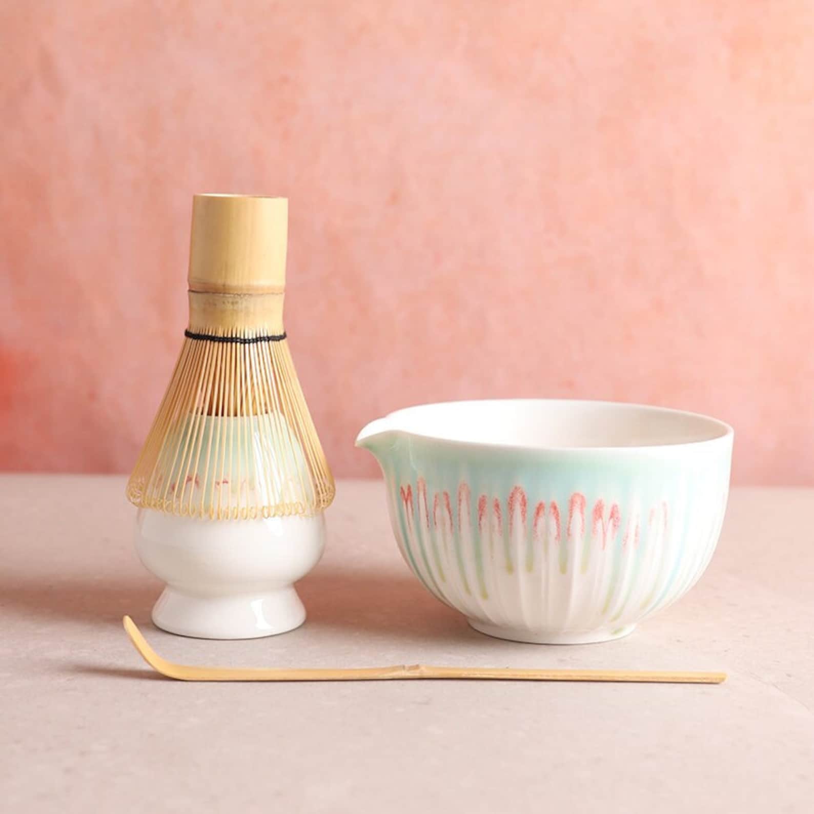 Premium Matcha Tea Ceremony Set 4-Piece Green Ceramic Bowl with Spout, Bamboo Whisk, and Chasen Holder