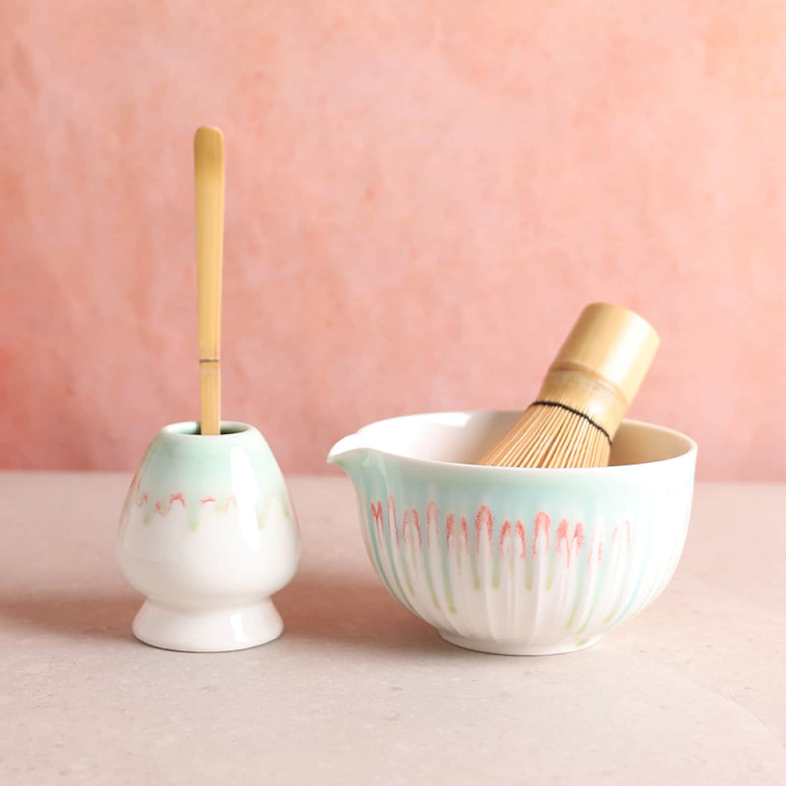 Premium Matcha Tea Ceremony Set 4-Piece Green Ceramic Bowl with Spout, Bamboo Whisk, and Chasen Holder