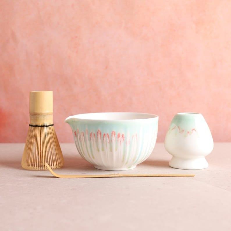 Premium Matcha Tea Ceremony Set 4-Piece Green Ceramic Bowl with Spout, Bamboo Whisk, and Chasen Holder
