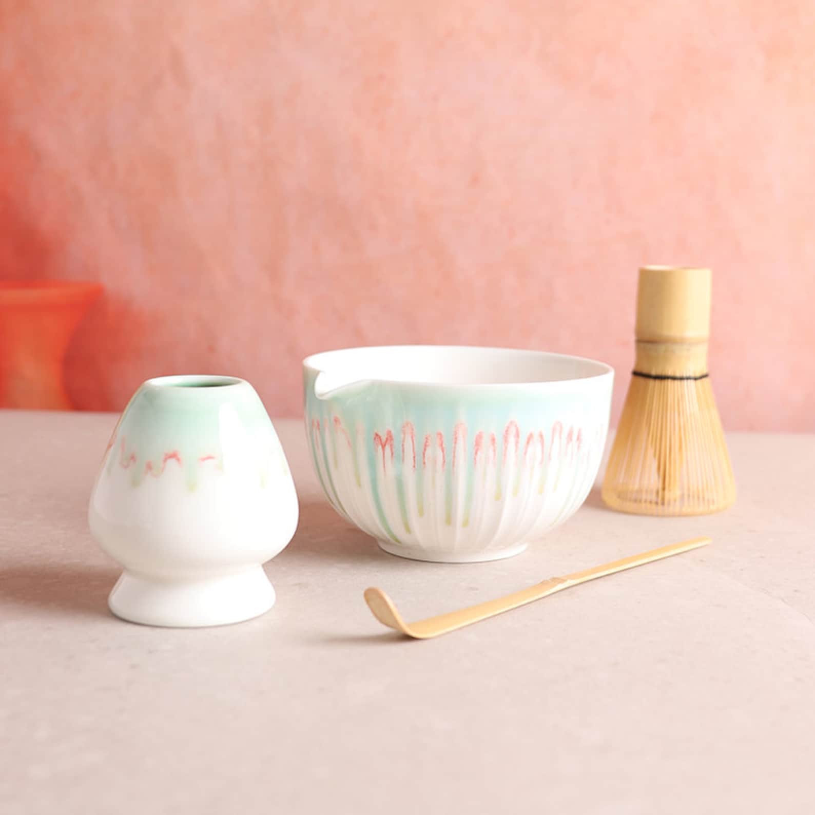 Premium Matcha Tea Ceremony Set 4-Piece Green Ceramic Bowl with Spout, Bamboo Whisk, and Chasen Holder