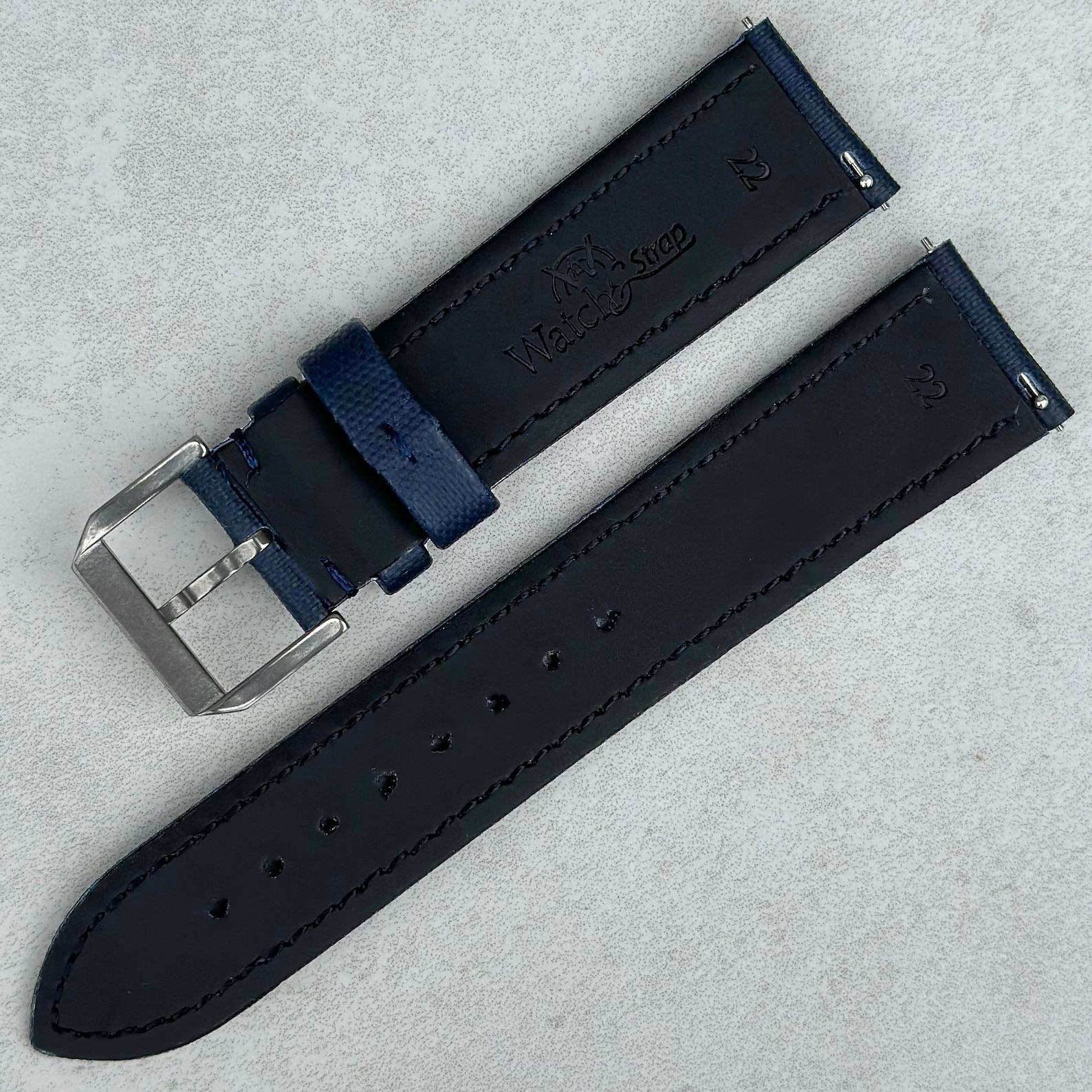 Premium Navy Blue Sail Cloth Watch Strap Padded, Leather-Backed, Quick-Release