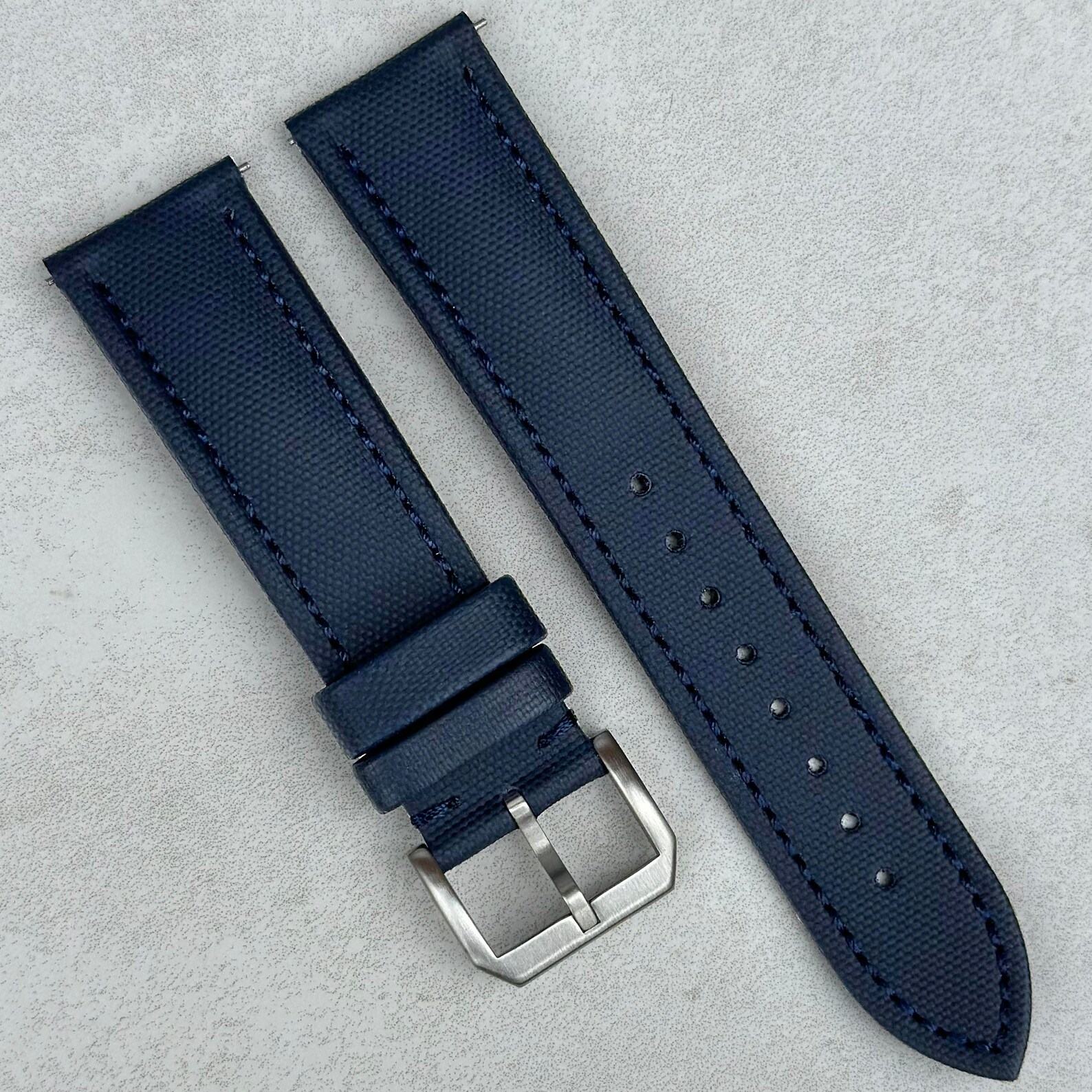 Premium Navy Blue Sail Cloth Watch Strap Padded, Leather-Backed, Quick-Release