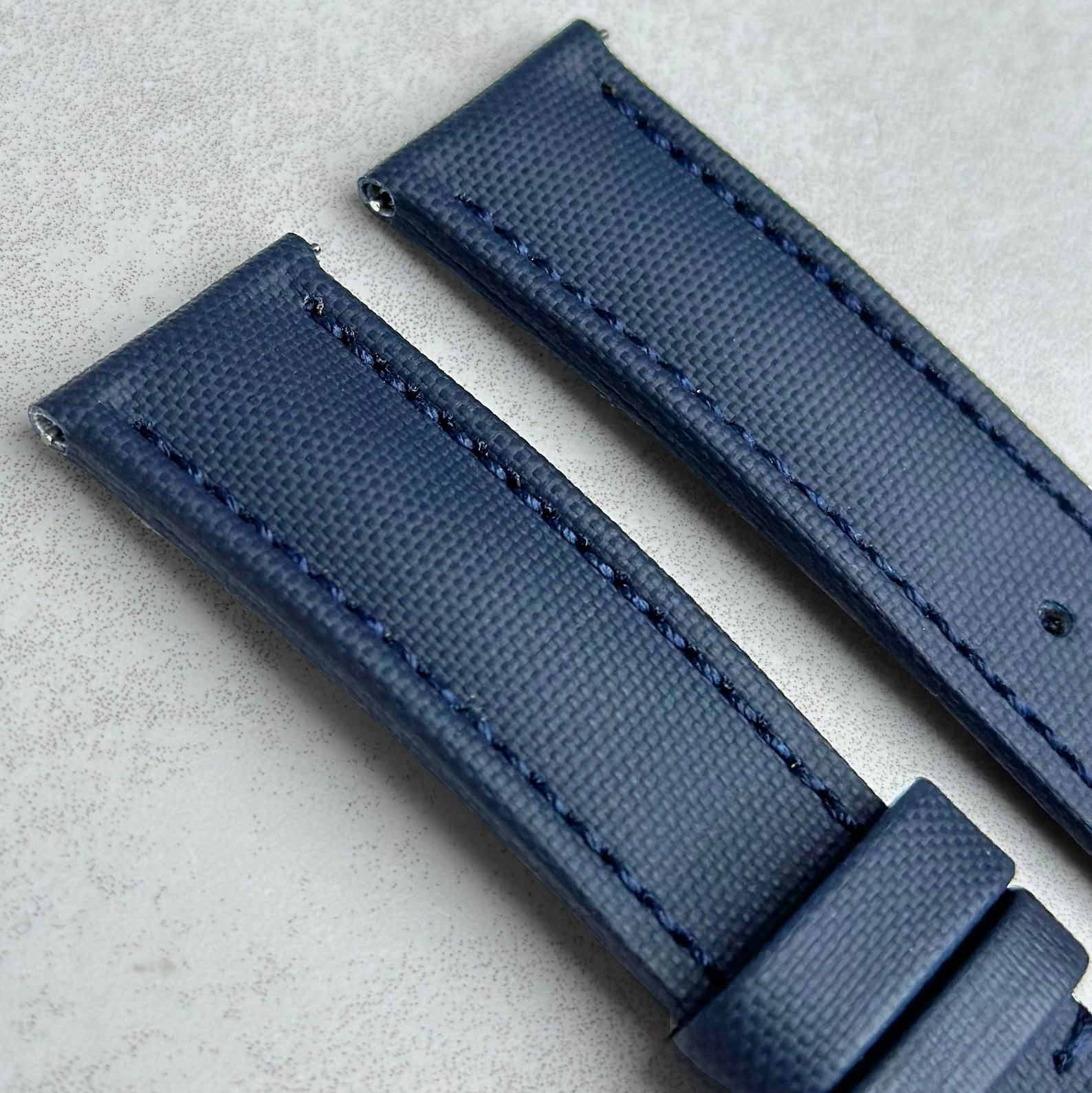 Premium Navy Blue Sail Cloth Watch Strap Padded, Leather-Backed, Quick-Release
