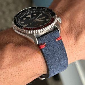 Premium Navy Blue Suede Leather Watch Strap with Red Stitching