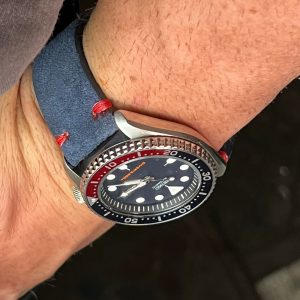 Premium Navy Blue Suede Leather Watch Strap with Red Stitching