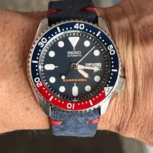 Premium Navy Blue Suede Leather Watch Strap with Red Stitching