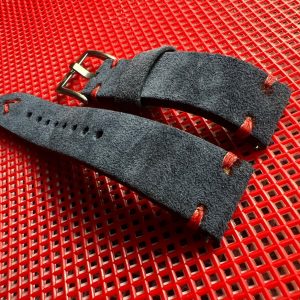 Premium Navy Blue Suede Leather Watch Strap with Red Stitching