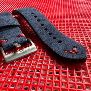 Premium Navy Blue Suede Leather Watch Strap with Red Stitching