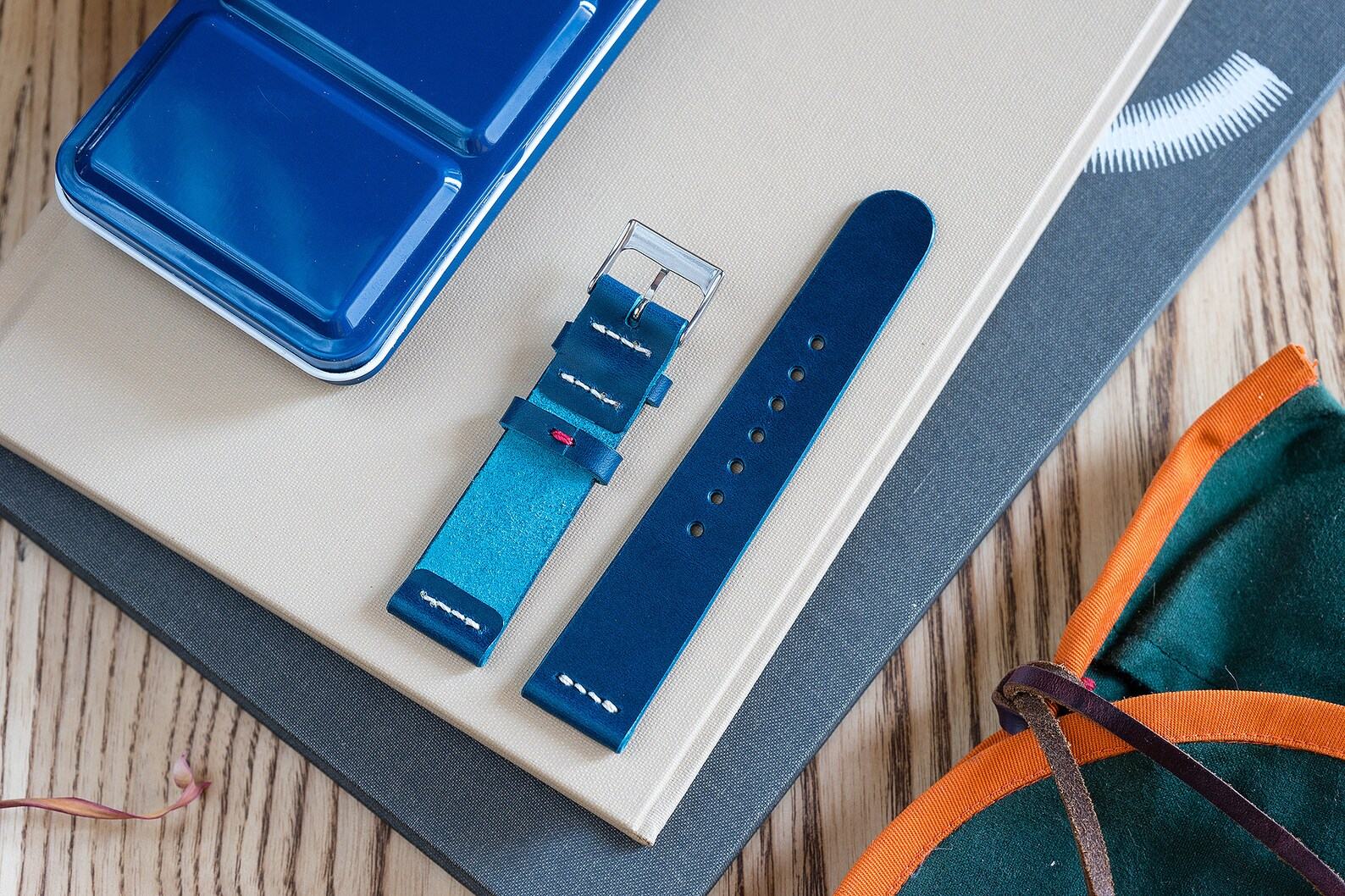 Premium Vegetable Tanned Navy Blue Buttero Leather Watch Strap (18mm-22mm) - Image 2