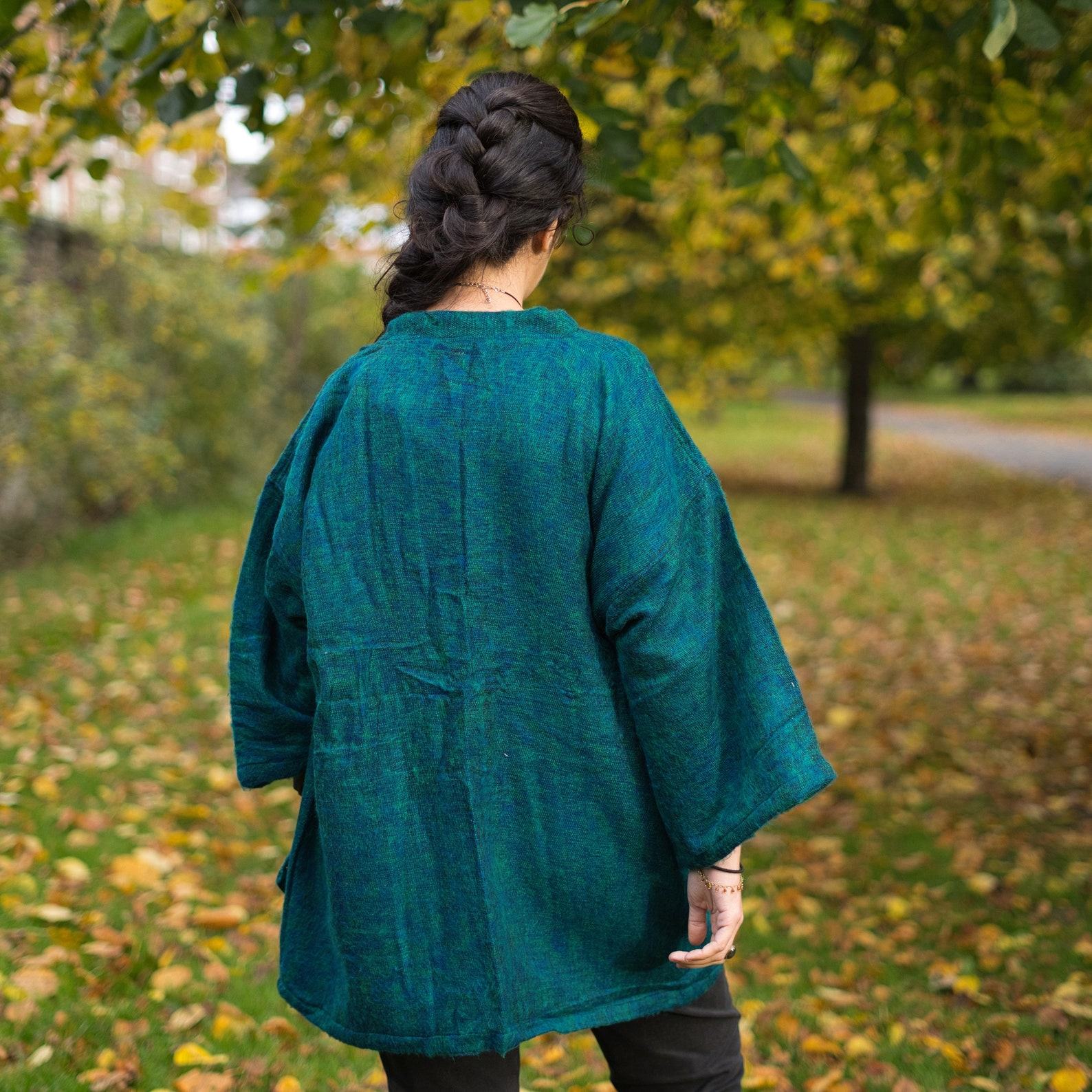 Pristine Pine Green Yak Wool Kimono Embrace Warmth and Style in a Cozy Winter Haori