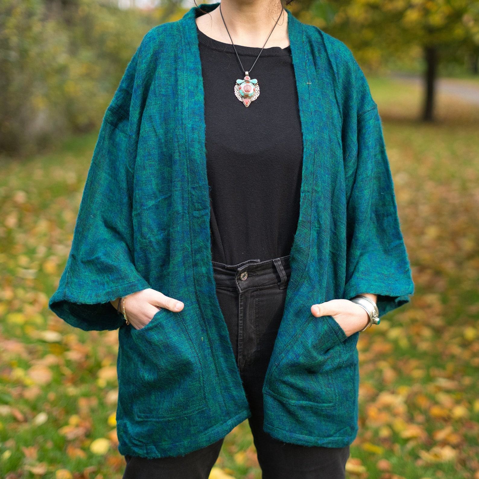 Pristine Pine Green Yak Wool Kimono Embrace Warmth and Style in a Cozy Winter Haori