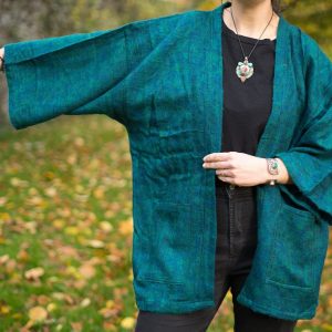 Pristine Pine Green Yak Wool Kimono Embrace Warmth and Style in a Cozy Winter Haori