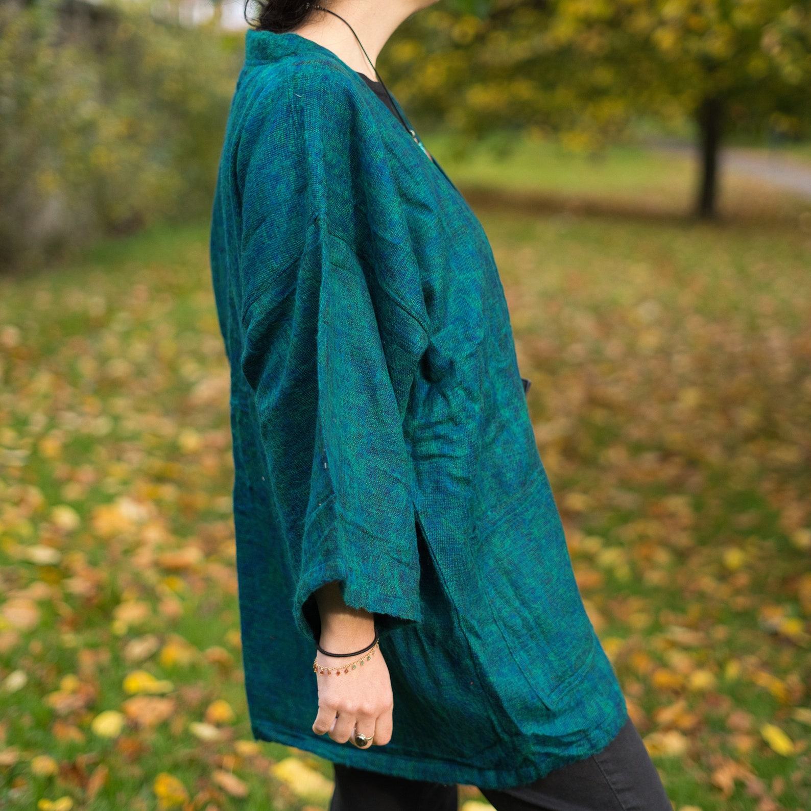 Pristine Pine Green Yak Wool Kimono Embrace Warmth and Style in a Cozy Winter Haori
