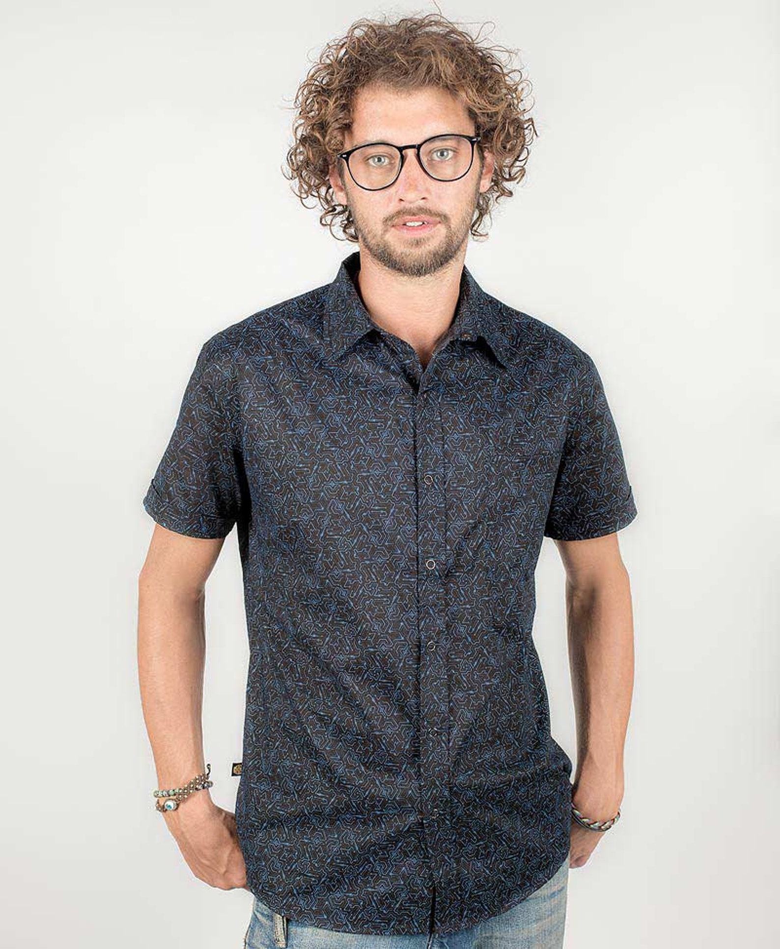 Psychedelic Men’s Button-Down Geometric Print, Short Sleeve, Interesting Father’s Day Item - Image 2