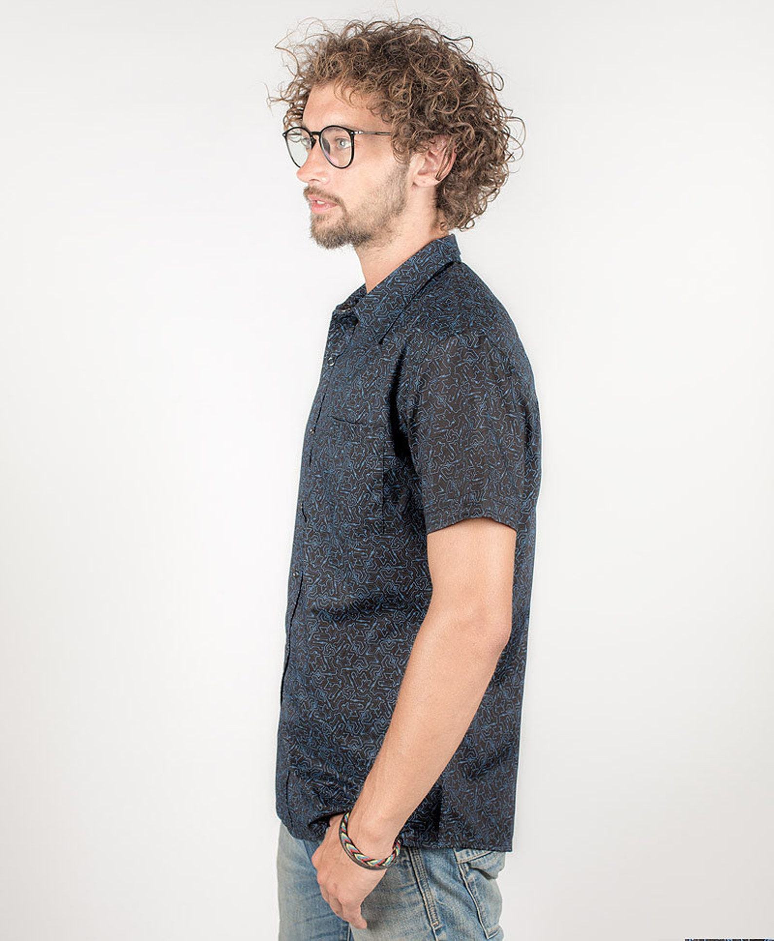 Psychedelic Men’s Button-Down Geometric Print, Short Sleeve, Interesting Father’s Day Item - Image 3