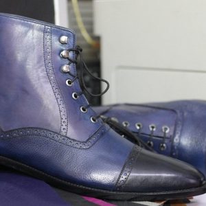 Purple & Black Cap Toe Leather Boots – Men’s Designer Lace-Up Ankle Boots