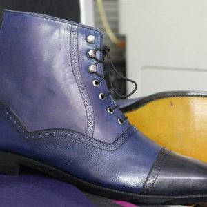 Purple & Black Cap Toe Leather Boots – Men’s Designer Lace-Up Ankle Boots