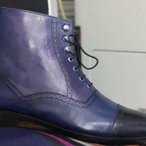 Purple & Black Cap Toe Leather Boots – Men’s Designer Lace-Up Ankle Boots
