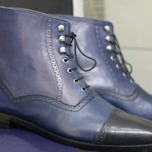 Purple & Black Cap Toe Leather Boots – Men’s Designer Lace-Up Ankle Boots