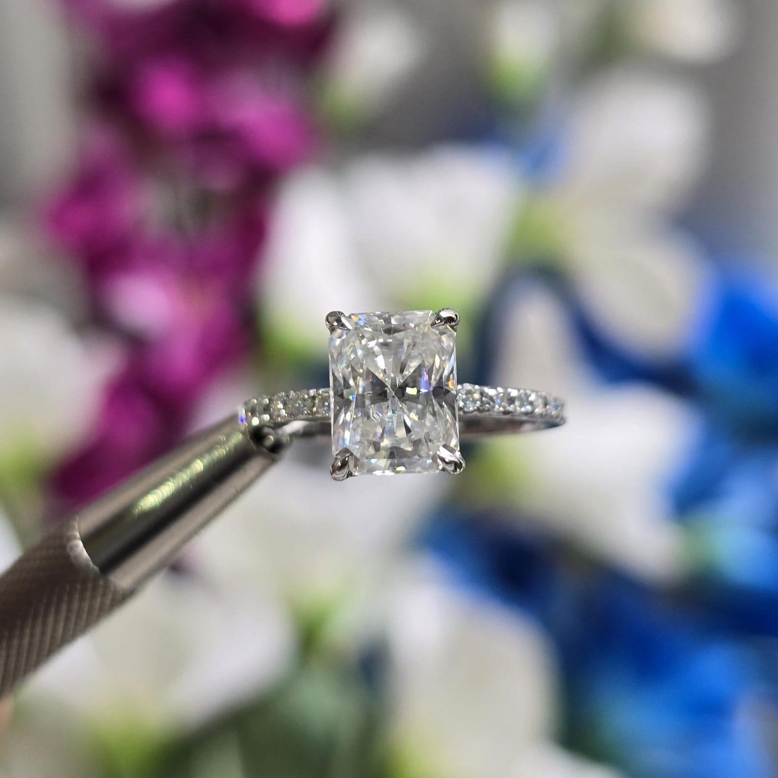Radiant Elegance 14k White Gold Moissanite Engagement Ring with Hidden Halo and Diamond Eternity Band