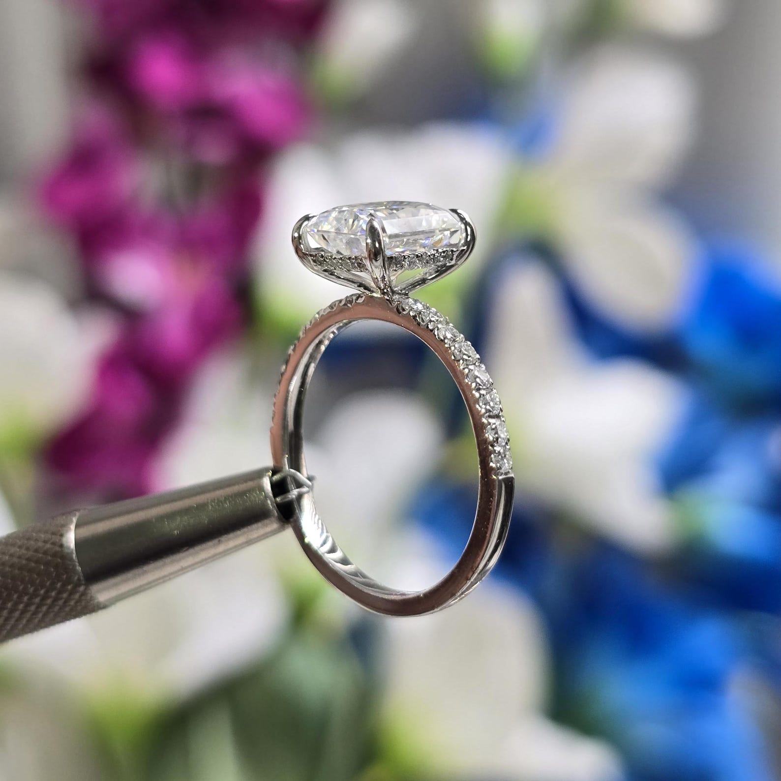 Radiant Elegance 14k White Gold Moissanite Engagement Ring with Hidden Halo and Diamond Eternity Band