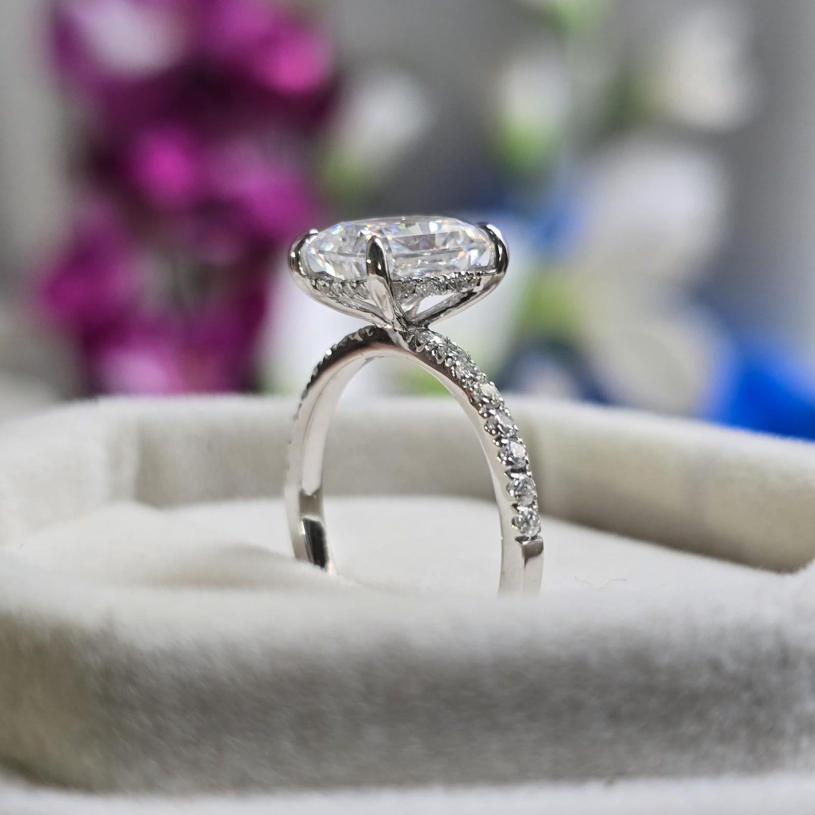 Radiant Elegance 14k White Gold Moissanite Engagement Ring with Hidden Halo and Diamond Eternity Band