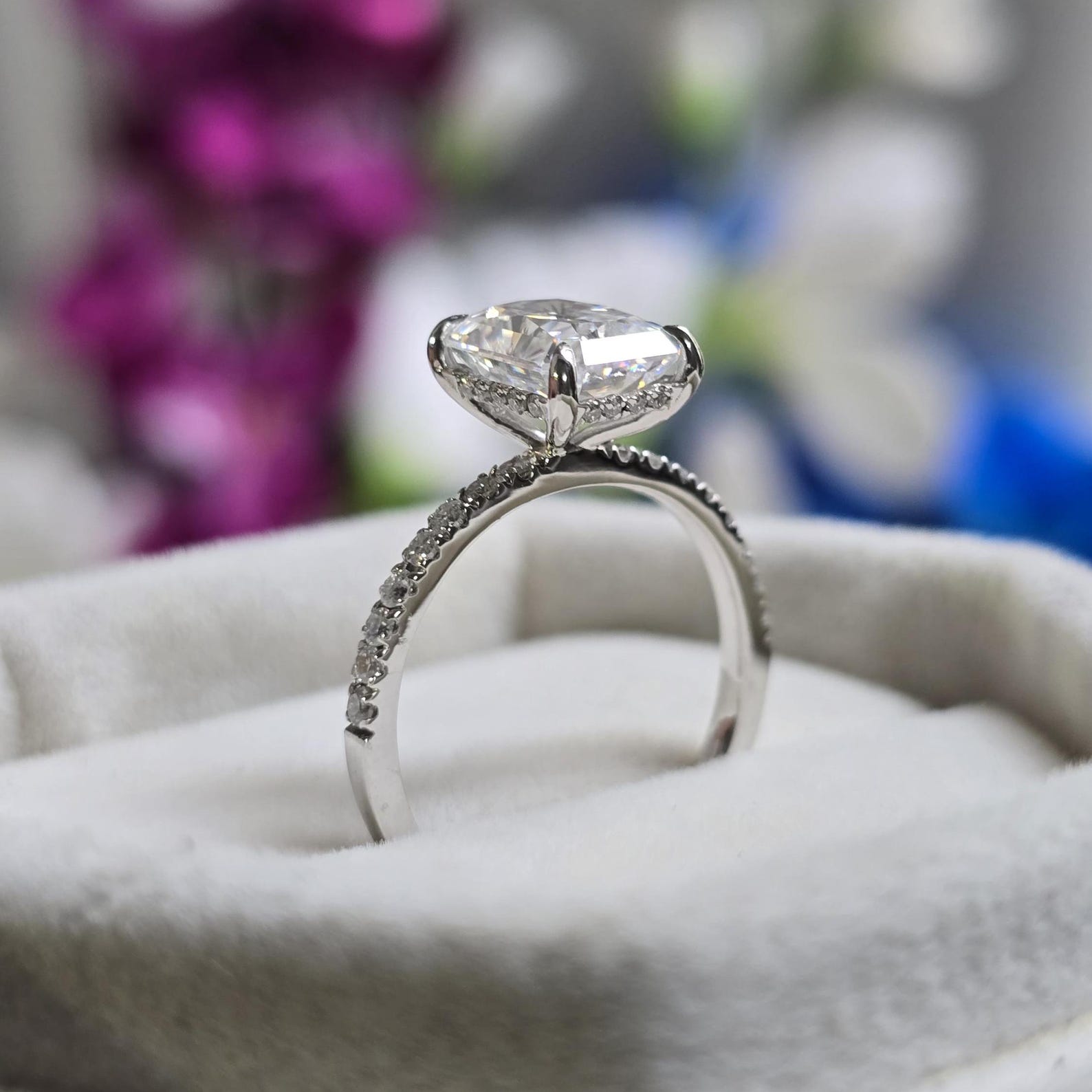 Radiant Elegance 14k White Gold Moissanite Engagement Ring with Hidden Halo and Diamond Eternity Band