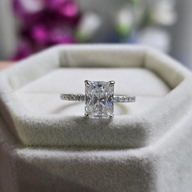 Radiant Elegance 14k White Gold Moissanite Engagement Ring with Hidden Halo and Diamond Eternity Band