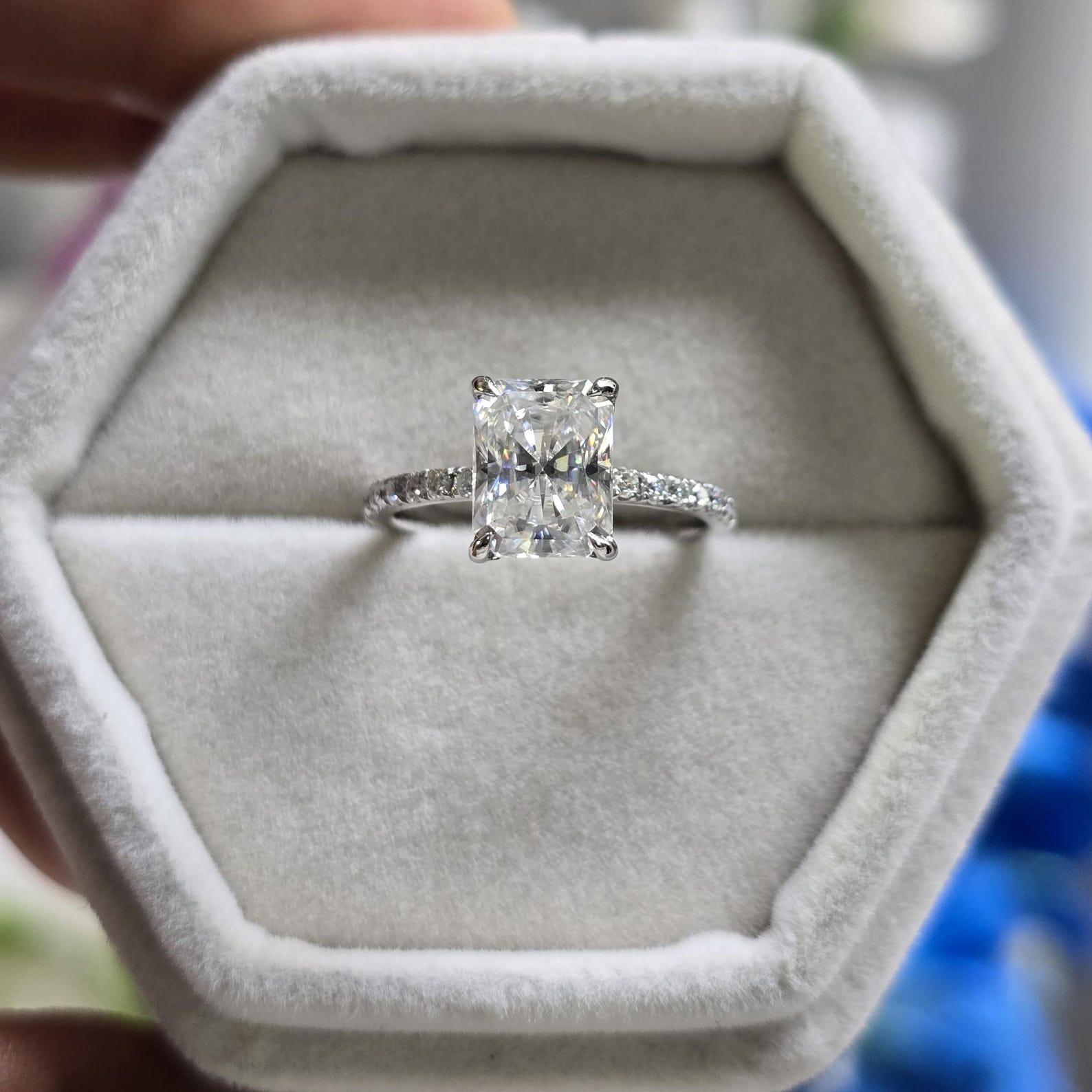 Radiant Elegance 14k White Gold Moissanite Engagement Ring with Hidden Halo and Diamond Eternity Band