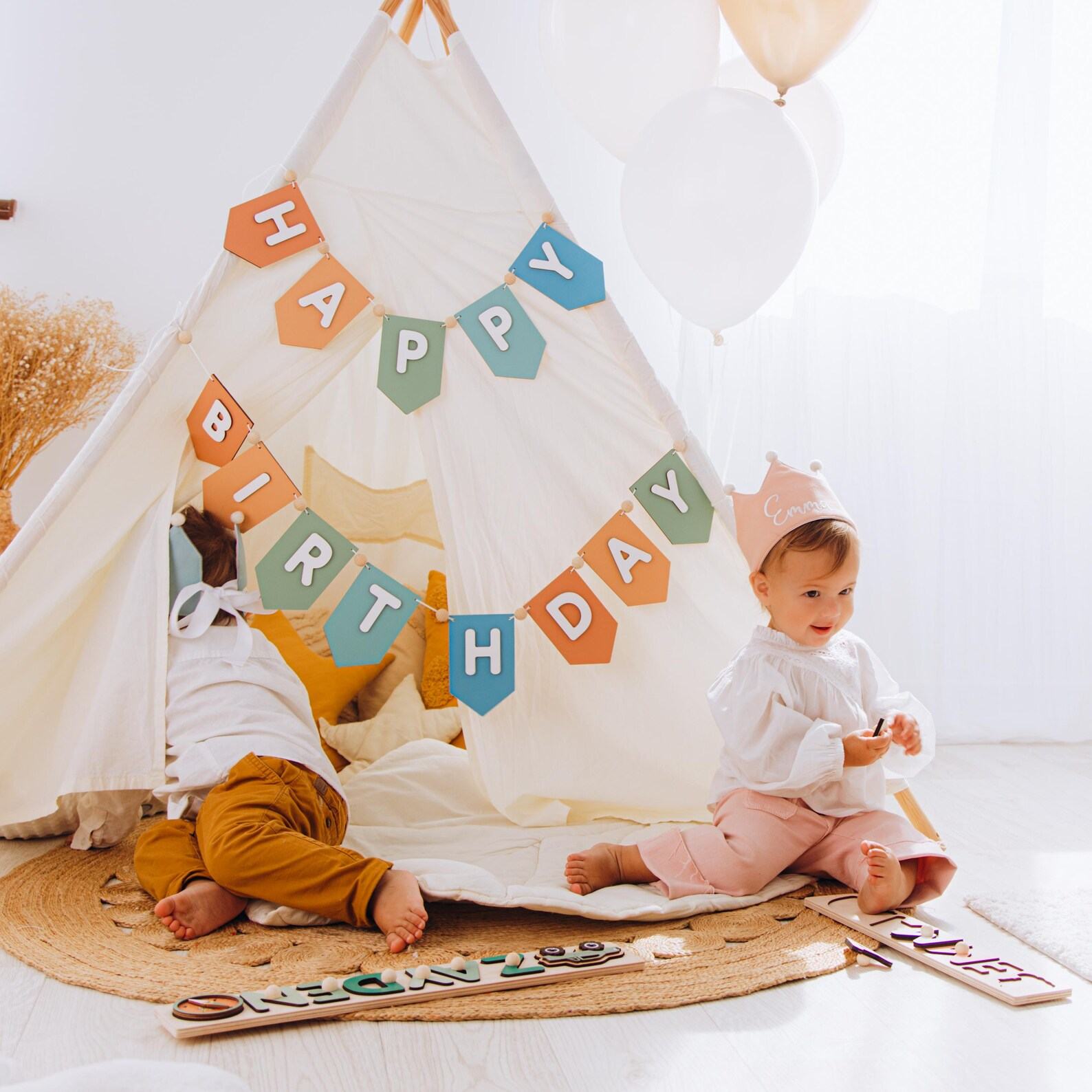Rainbow Birthday Banner  Personalized Wooden Name Garland – Nursery Decor, 1st Birthday Present