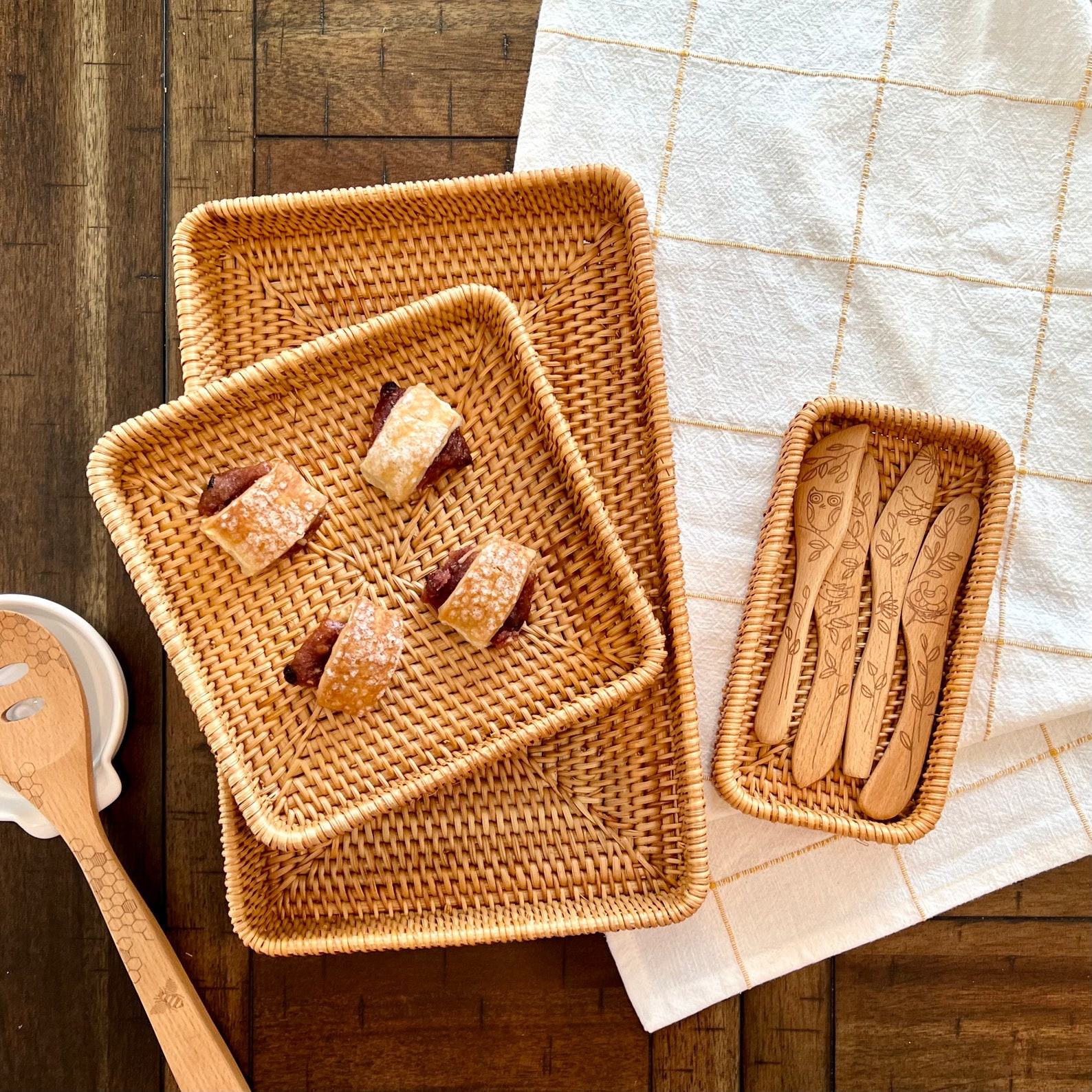 Rattan Woven Trays Versatile Baskets for Serving, Storage, and Montessori Play
