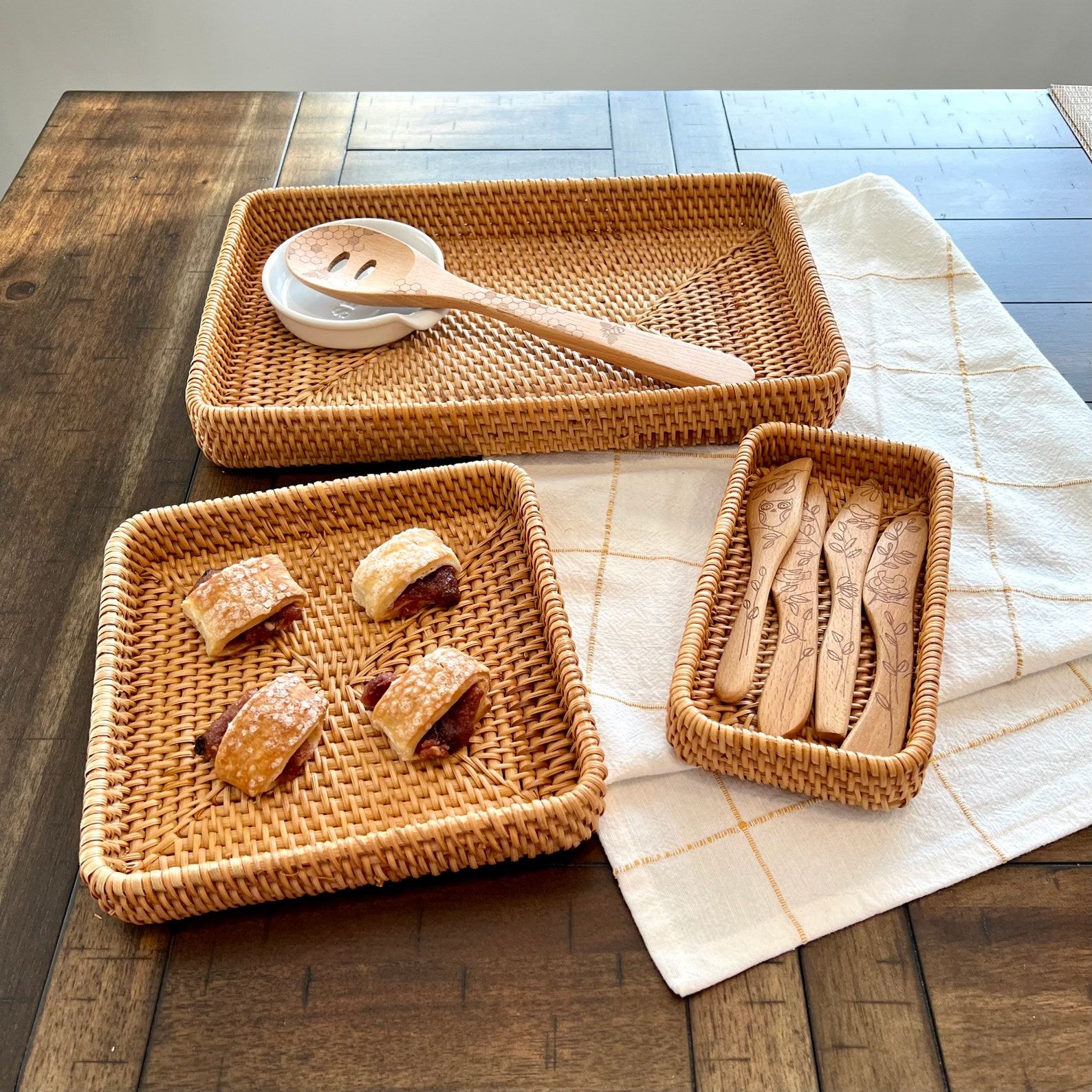 Rattan Woven Trays Versatile Baskets for Serving, Storage, and Montessori Play