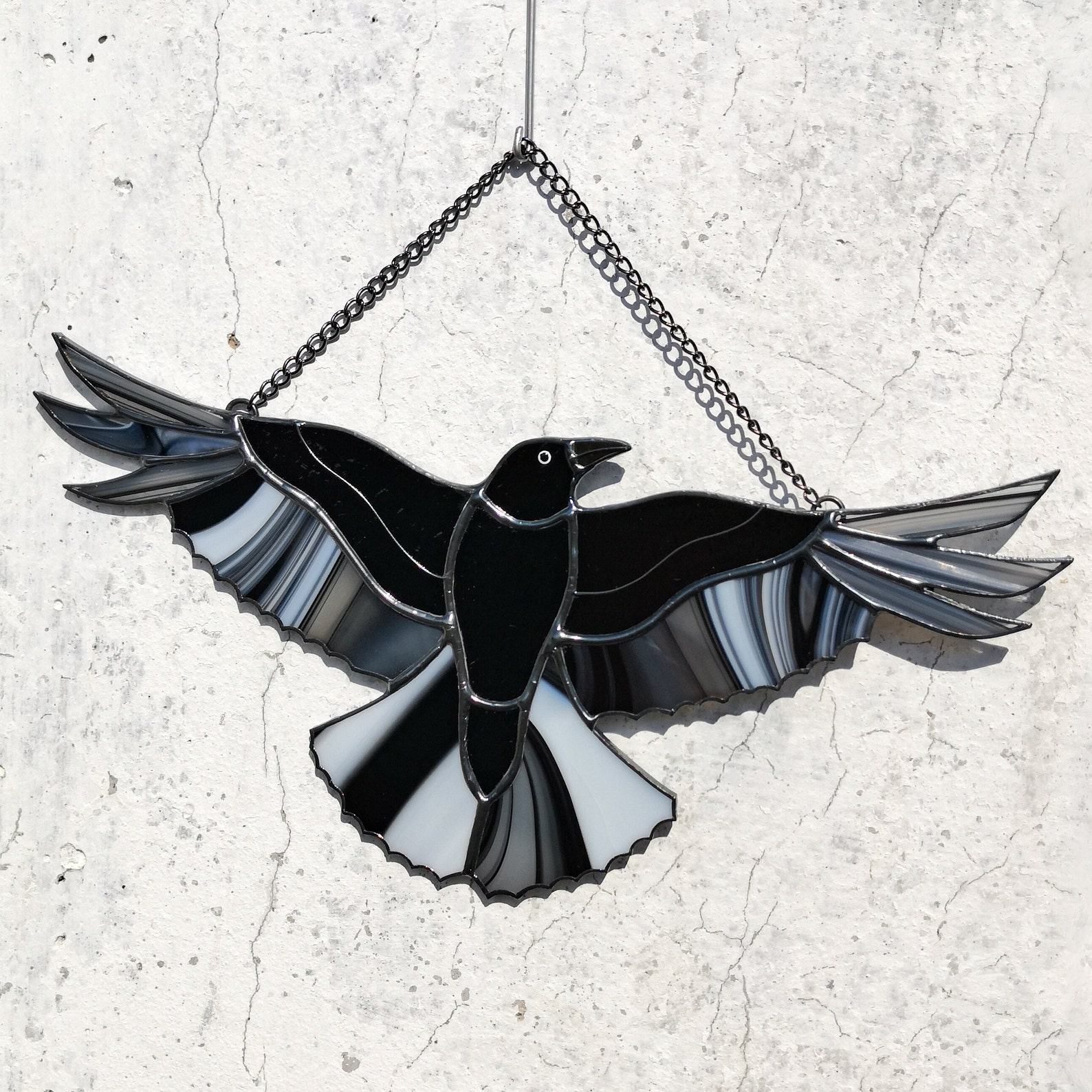 Raven Moon Suncatcher – Gothic Stained Glass Window Hanging – Halloween & Ukrainian Present Decor