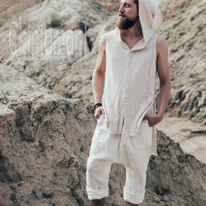 Raw Cotton Man Hooded Shirt Boho Big Hood Vest for Men’s Bohemian Style